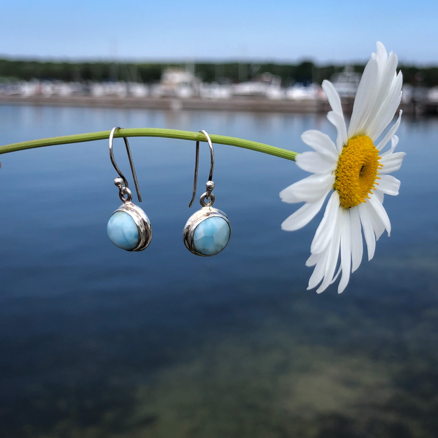 Larimar earrings dangle from a daisy in front of Fish Creek's harbor