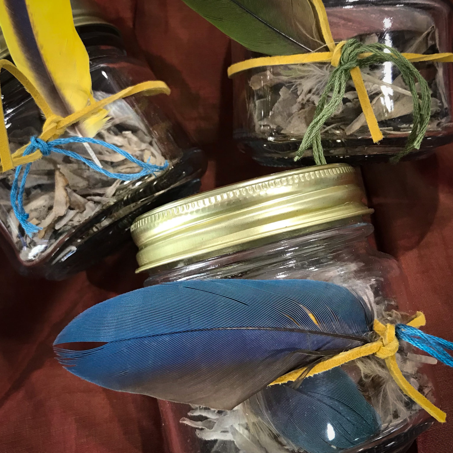 Herb jars with parrot feathers.